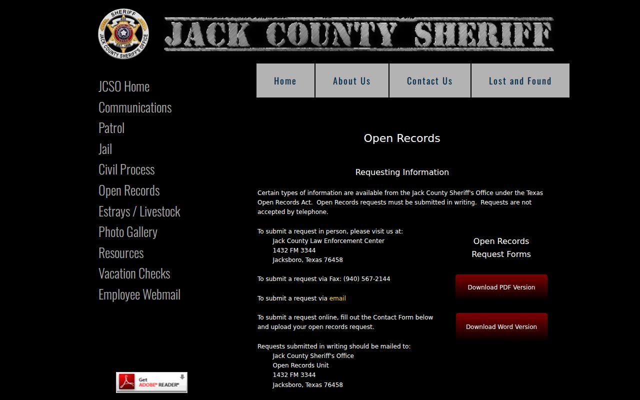 Jack County arrest record request form from the Sheriff's Open Records Unit