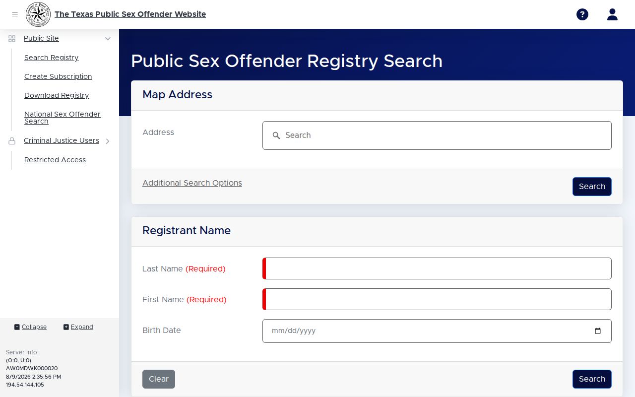 Jack County sex offender registry search screen from Texas DPS