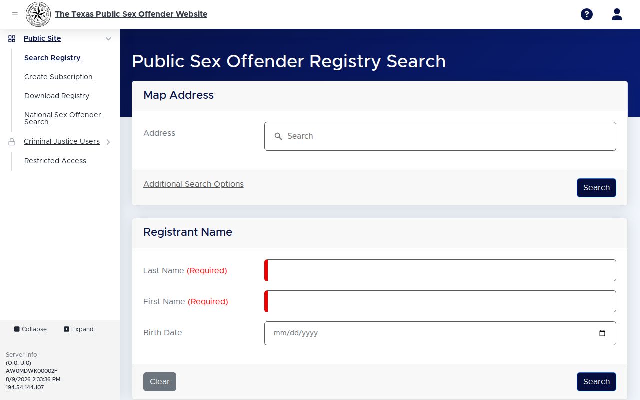 Jack County sex offender registry profile field interface