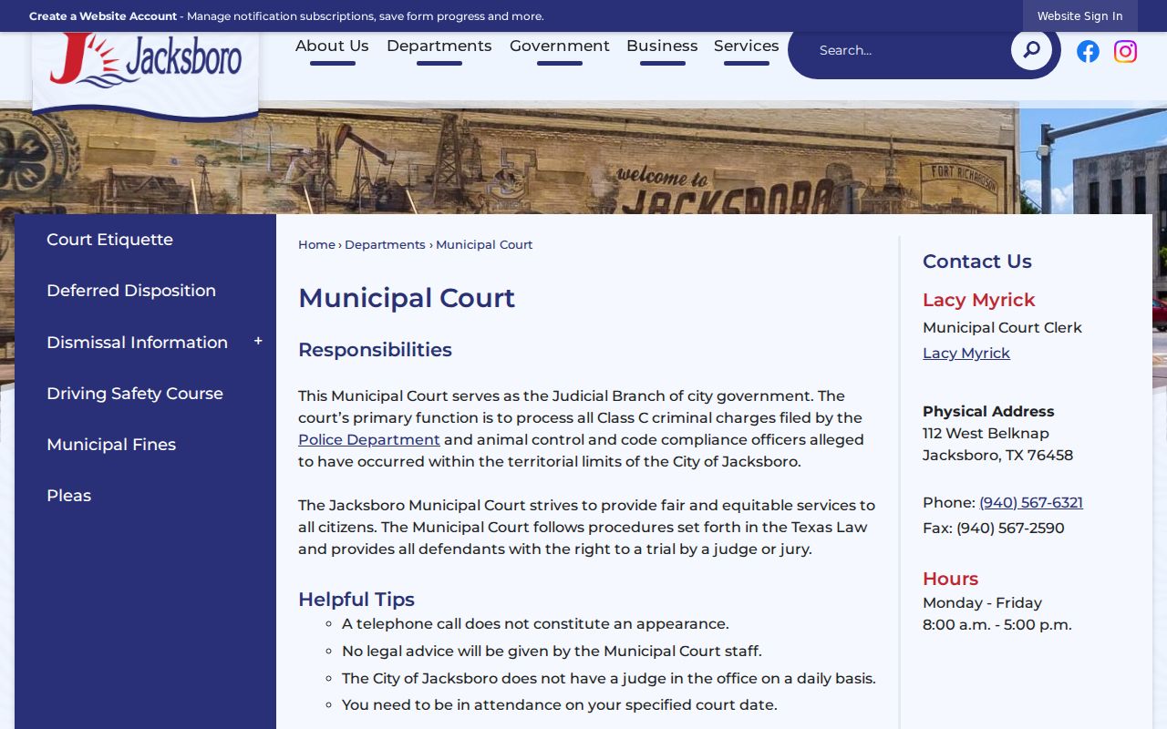 Jacksboro criminal records and municipal court contact page