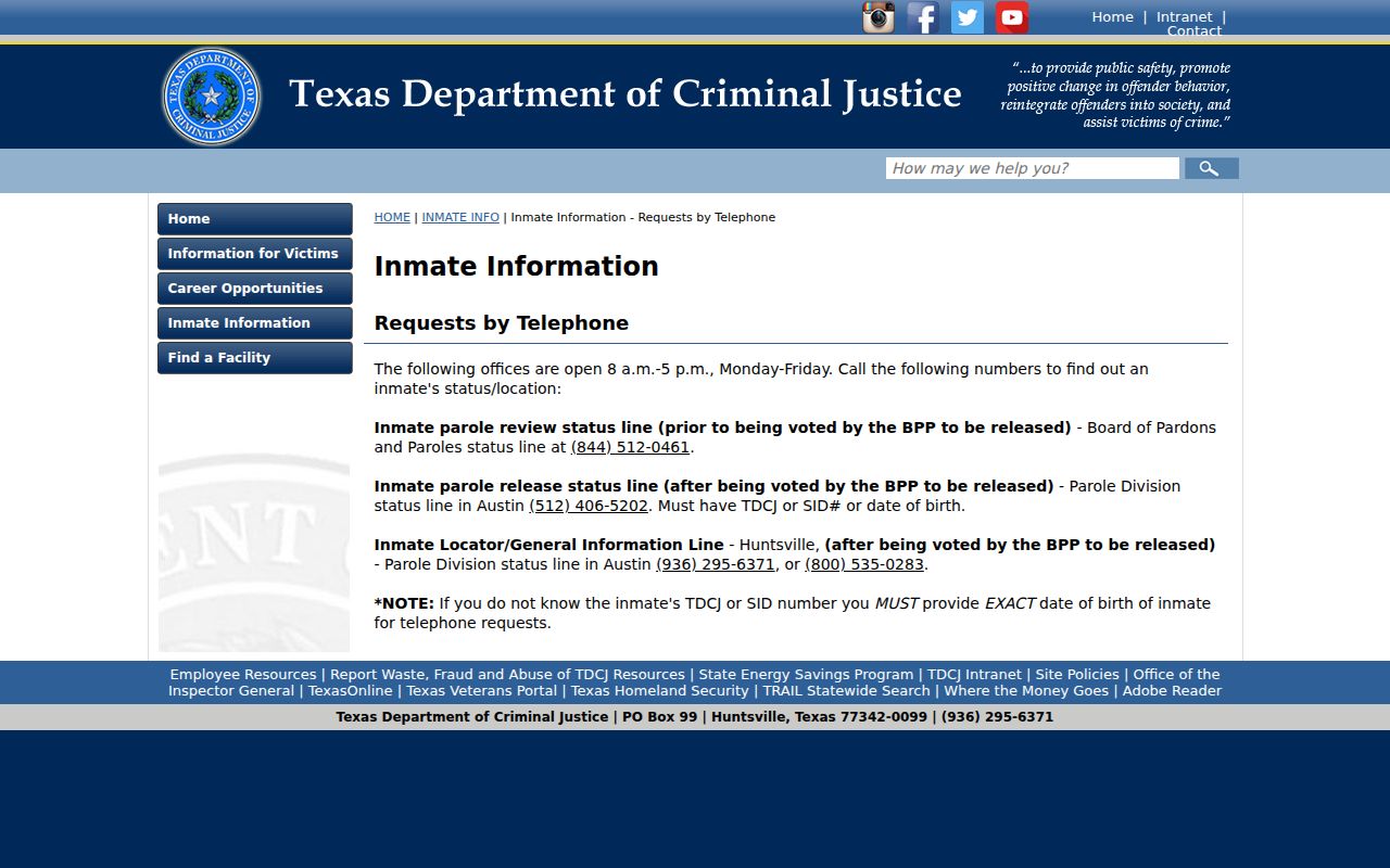 Jack County criminal records TDCJ inmate and parole phone channels